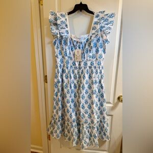 Pink City Prints XL Emilie Floral Blue and White Midi Dress